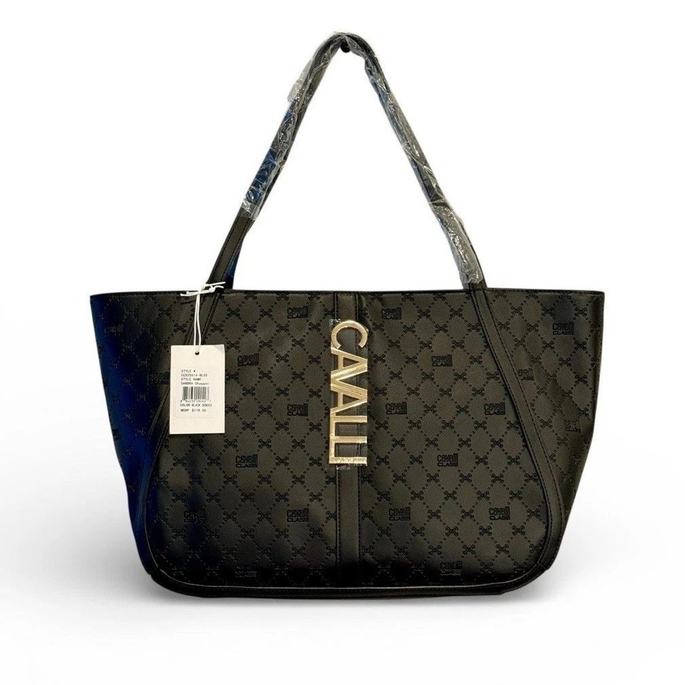Cavalli Class Womens Sandra Shopper Black Embossed Logo Spacious Tote Bag NEW